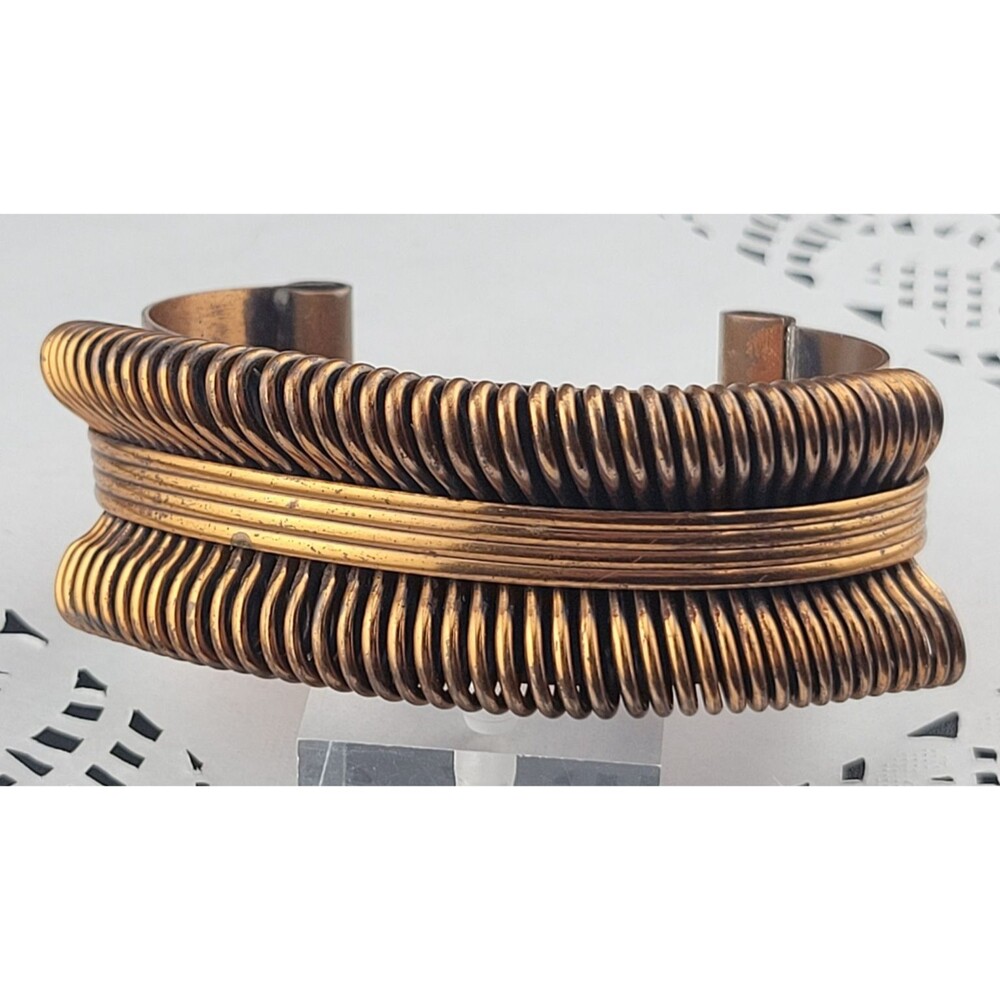 💞Unique Vintage MCM Arts & Crafts Coiled Solid Copper Bow Cuff 7" Bracelet